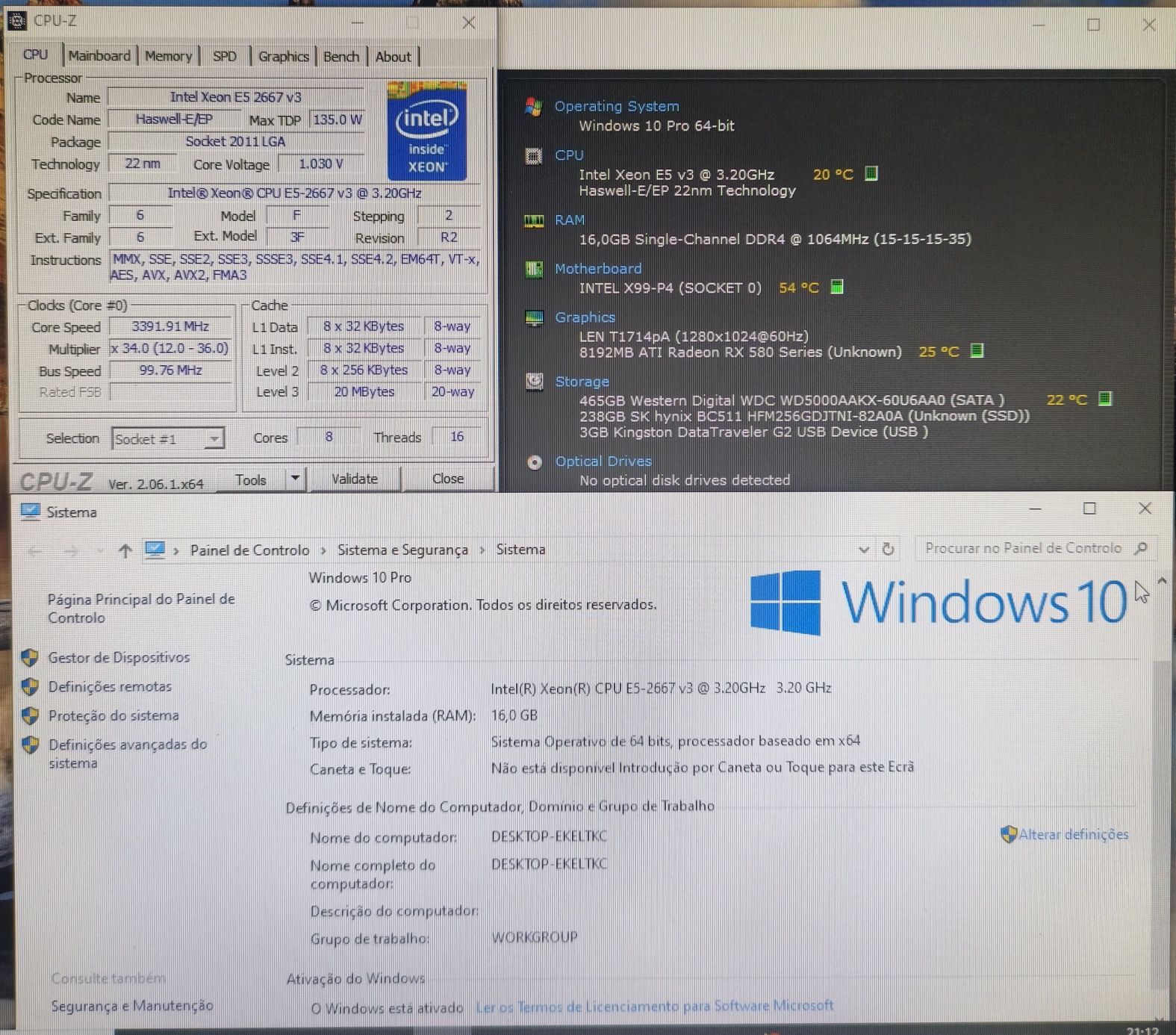 PC Gamer Core i7 5960(E3 2667 v3)3,4ghz +RX 580 8gb+16gb+620gb HD/SSD