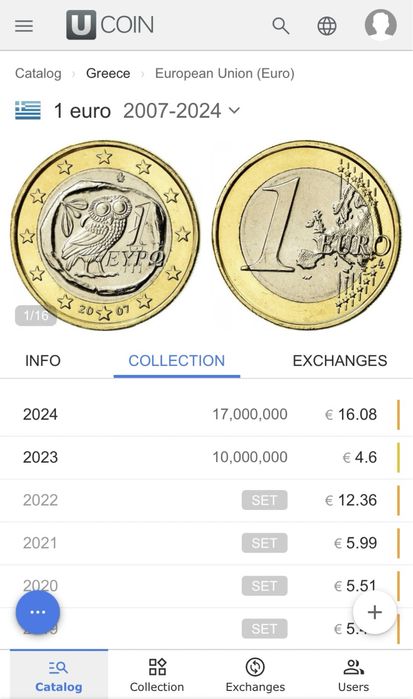 Moedas raras de 1 euro da Grécia