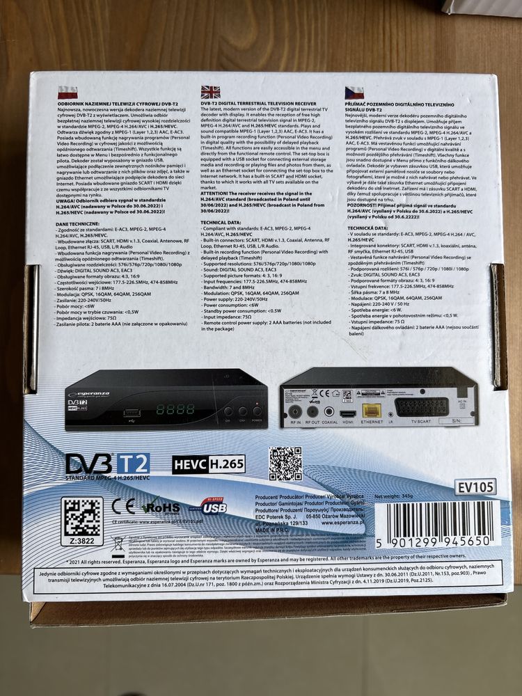 Tuner dekoder cyfrowy TV HD DVB-T2 HDMI H.265 HEVC
