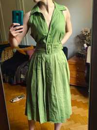 42 XL  100% lniana sukienka retro does 50s 1950s grass green