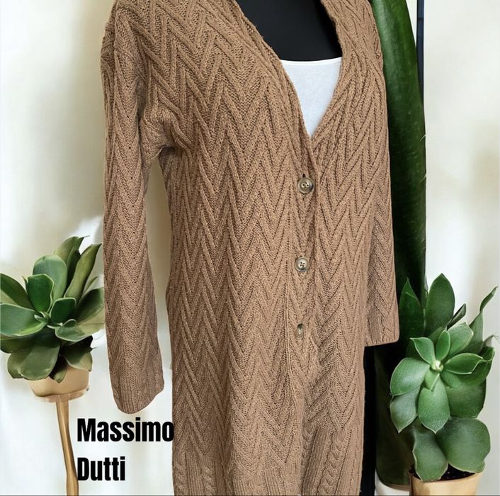 Długi sweter kardigan Massimo Dutti M jodełka rozpinany na jesień zimę