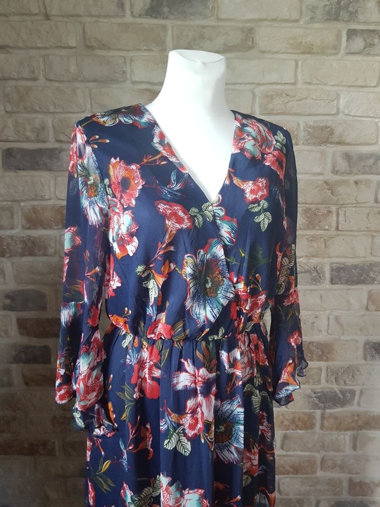 Piękna elegancka sukienka wiosna jesień maxi w kwiaty M L