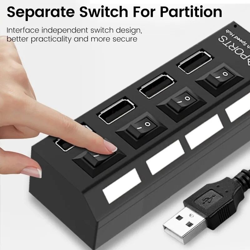 Przedłużacz HUB USB z włącznikami. 7 portów USB. Kabel 30cm. Czarny