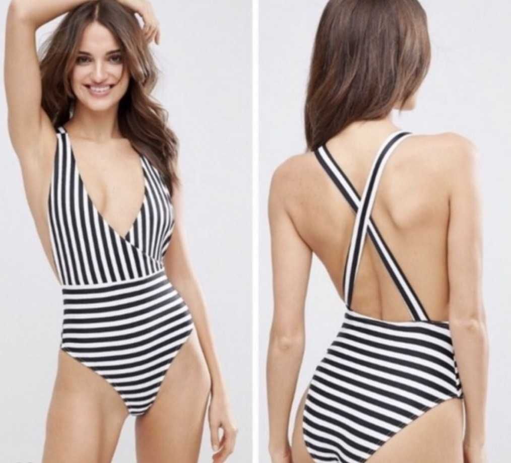 Стильный сдельный черно-белый трендовый полосатый купальник"asos",xs