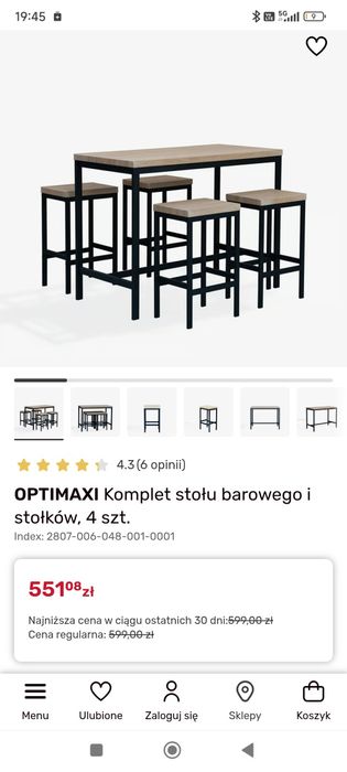 Komplet barek +4 stołki dąb z czarnym nowe w opakowaniu