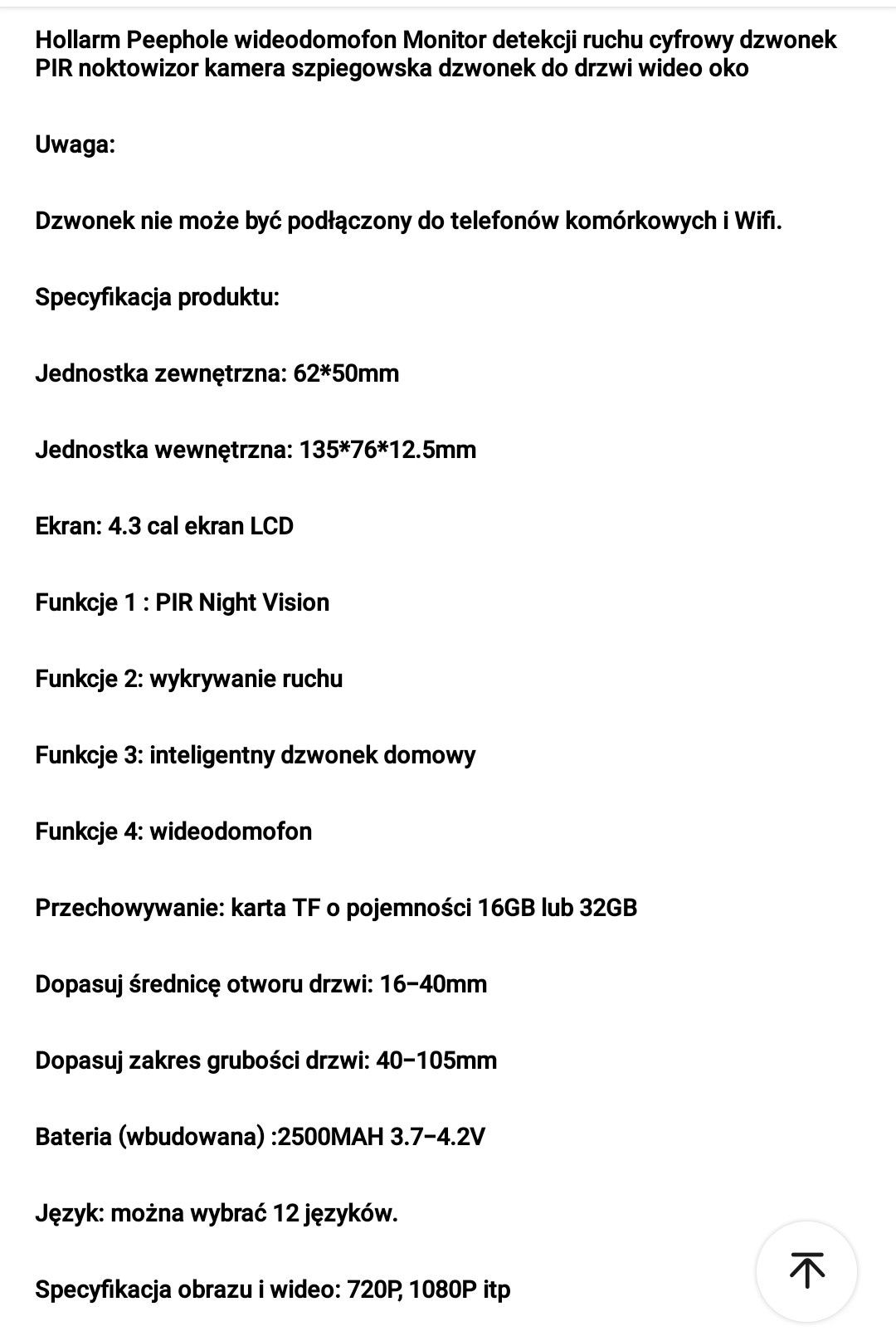 Kamerka na drzwi monitoring 16 GB lub 32 GB karta