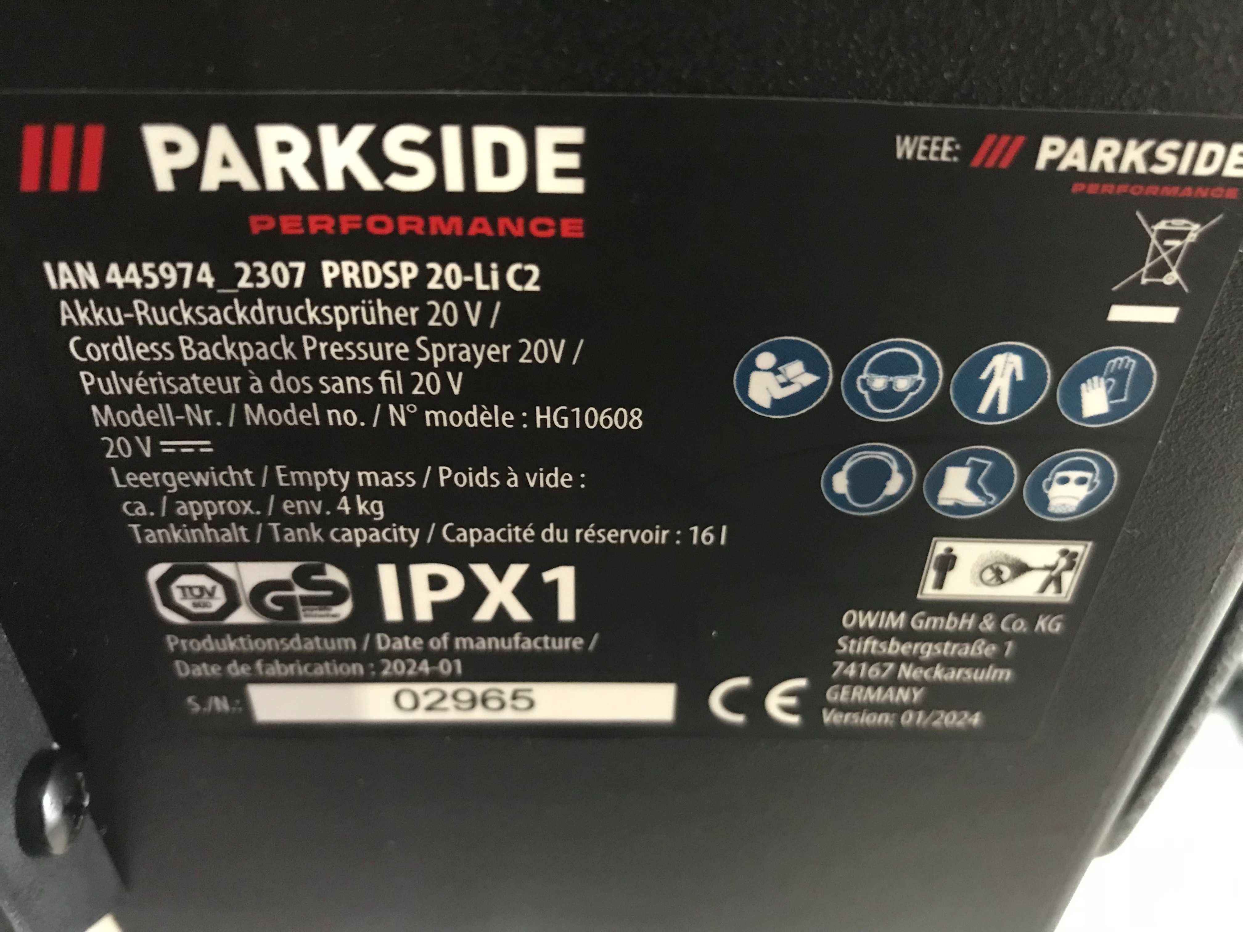 Акумуляторний обприскувач PARKSIDE PERFORMANCE PRDSP 20-Li C2,16 л.