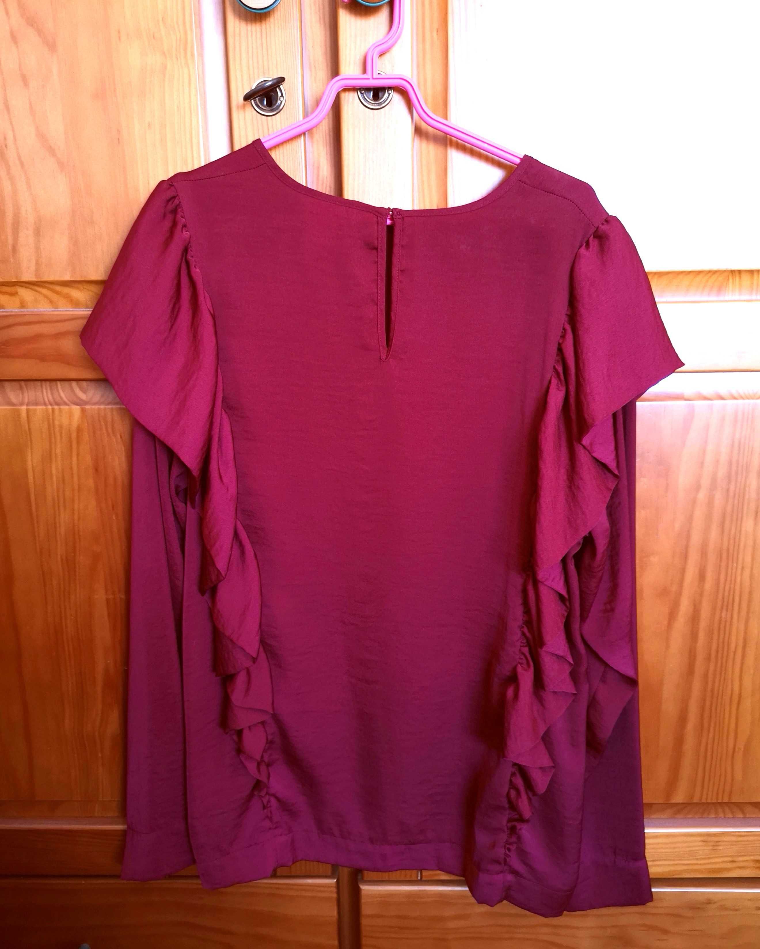 Blusa bordeaux com folhos H&M, tamanho 34