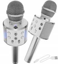 Mikrofon KARAOKE srebrny Bezprzewodowy Głośnik Bluetooth USB AUX