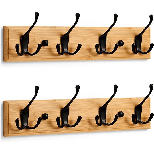 Cabide de parede em madeira e níquel mate - 4 ganchos triplas - 42 cm