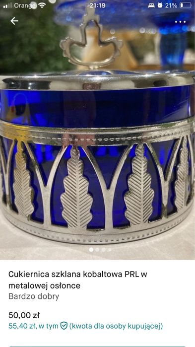 Szklana kobatowa cukiernica Vintage  w metalowej osłonce