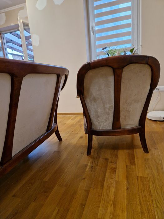 Zestaw mebli kanapa sofa fotele pikowana kolonialne retro drewno