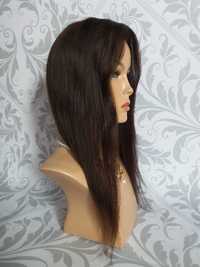Tupet topper z włosów naturalnych ciemny brąz 49 cm półperuka