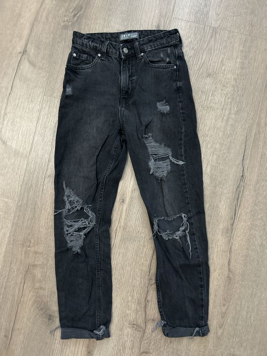 Czarne jeansy z wysokin stanem szarpane dziury przetarcia Primark 36