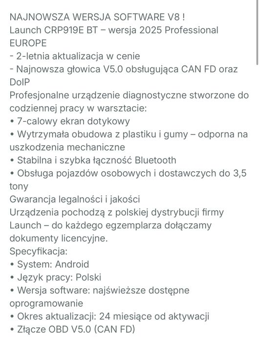 Launch CRP919E BT V5.0 CAN FD DoIP / polski