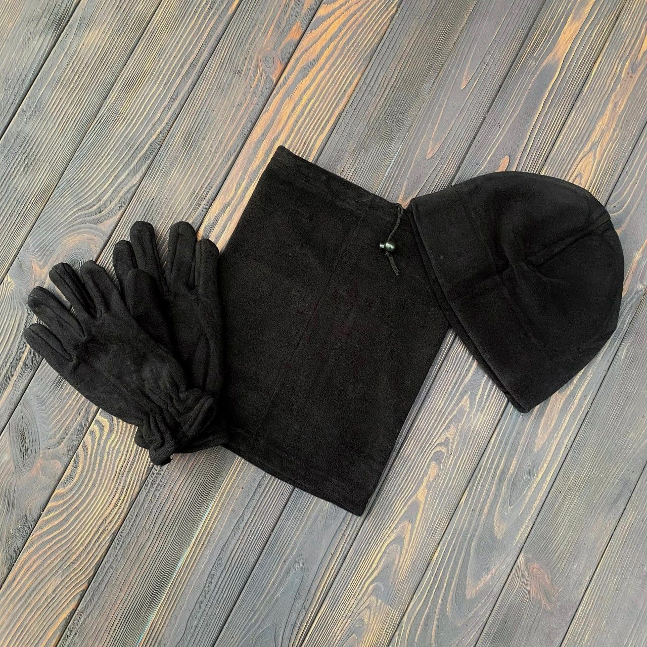 Шапка, баф + рукавиці комплект зимовий на флісі