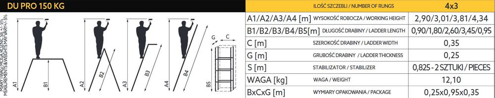 Drabina PRO ALUMINIOWA 4X3 Szczeble 150 KG Uniwersalna z podestem