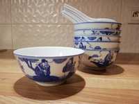 miseczki i łyżeczki prl z chińskiej porcelany 6 szt biało niebieskie