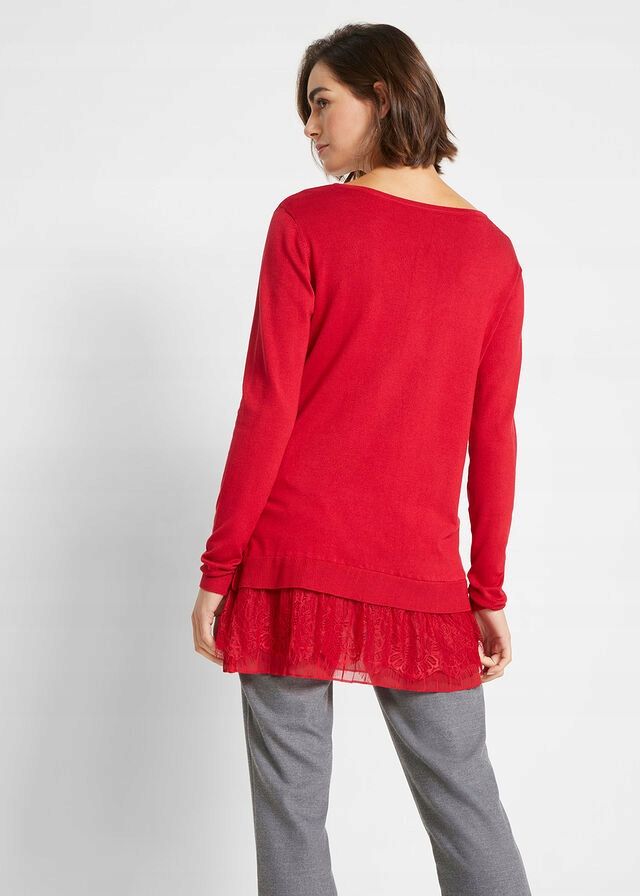 B.P.C sweter dzianinowy czerwony z koronką i plisowaną wstawką ^48/50