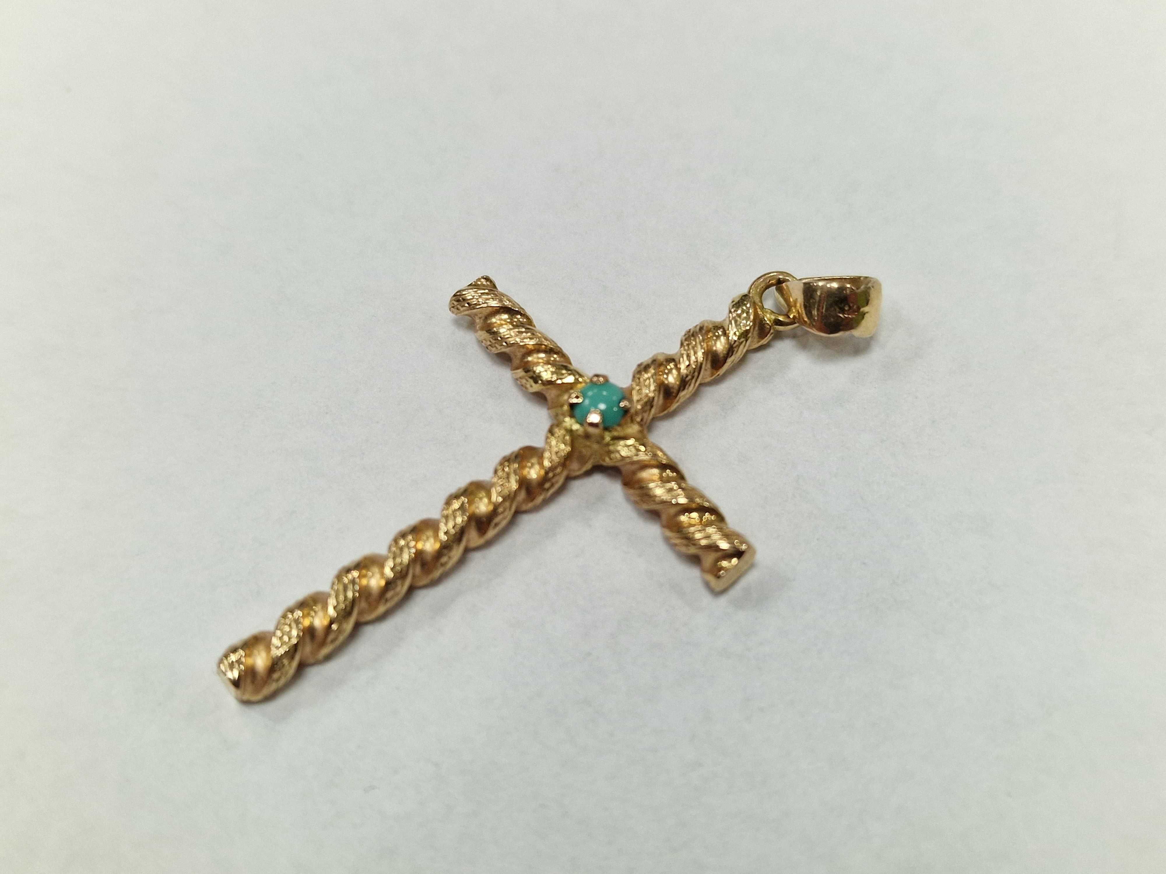 Złoty krzyżyk damski/ 585/ 3.91 gram/ żółte złoto/ Turkus/ XX wiek