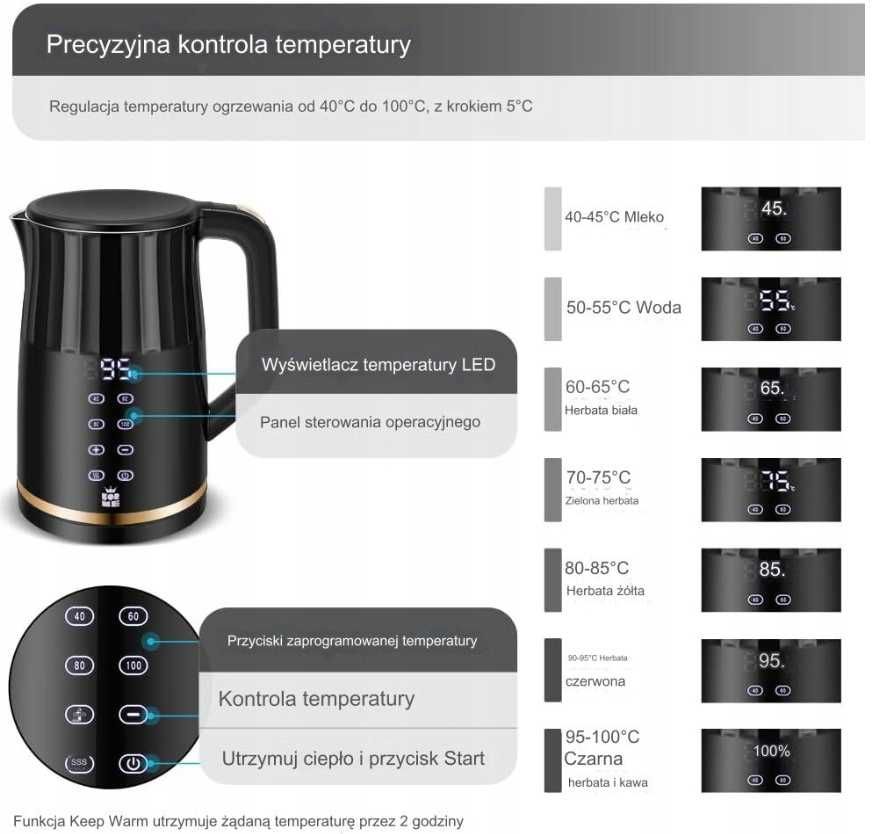 HIT! Czajnik Elektryczny 1,7 L Wyświetlacz LED i Regulacja Temperatury