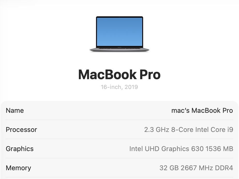 MacBook Pro 16 2019 I9 32GB 1TB Radeon 5500