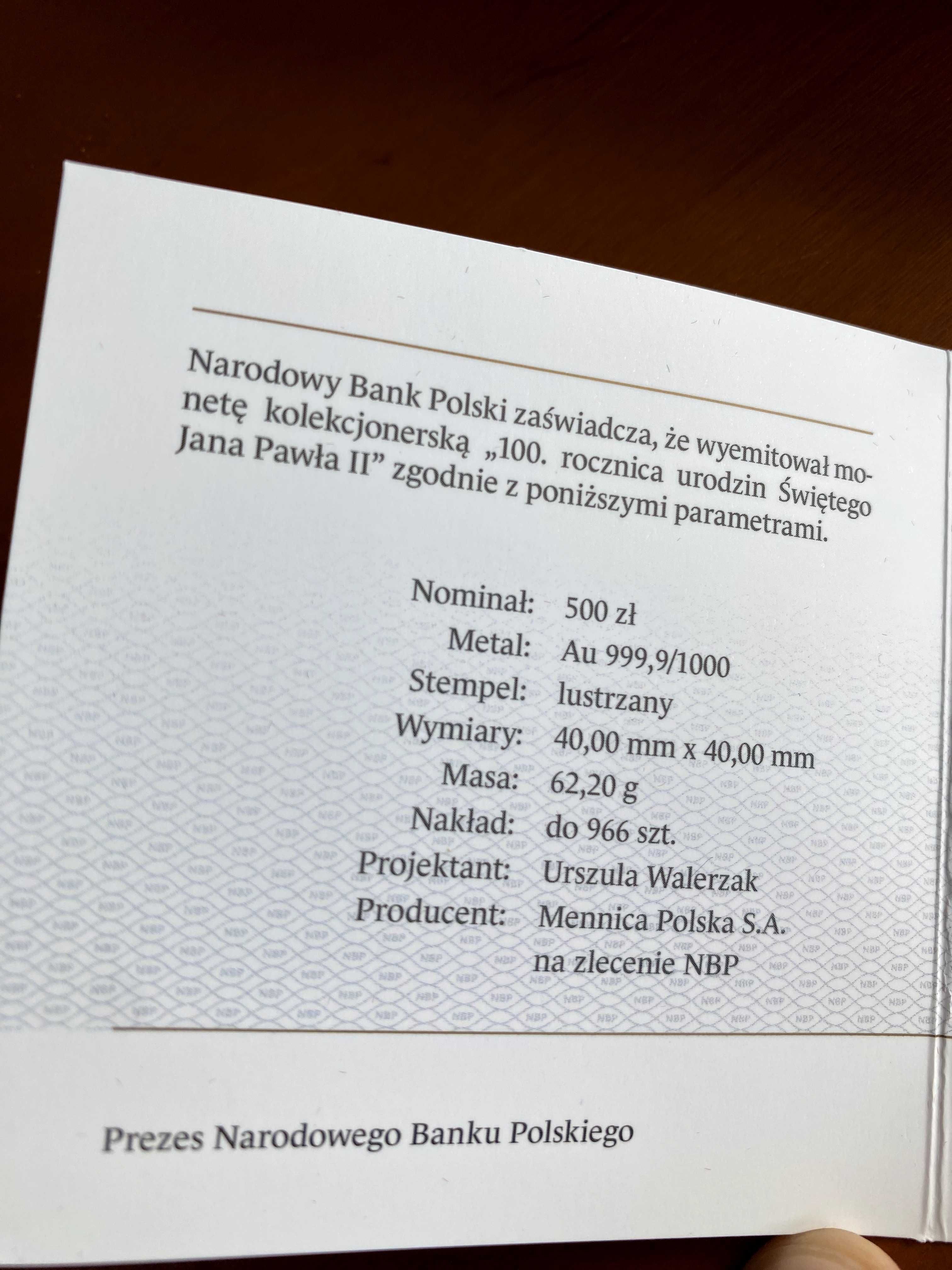 Moneta 100. rocznica urodzin Świętego Jana Pawła II (500zł - NBP)