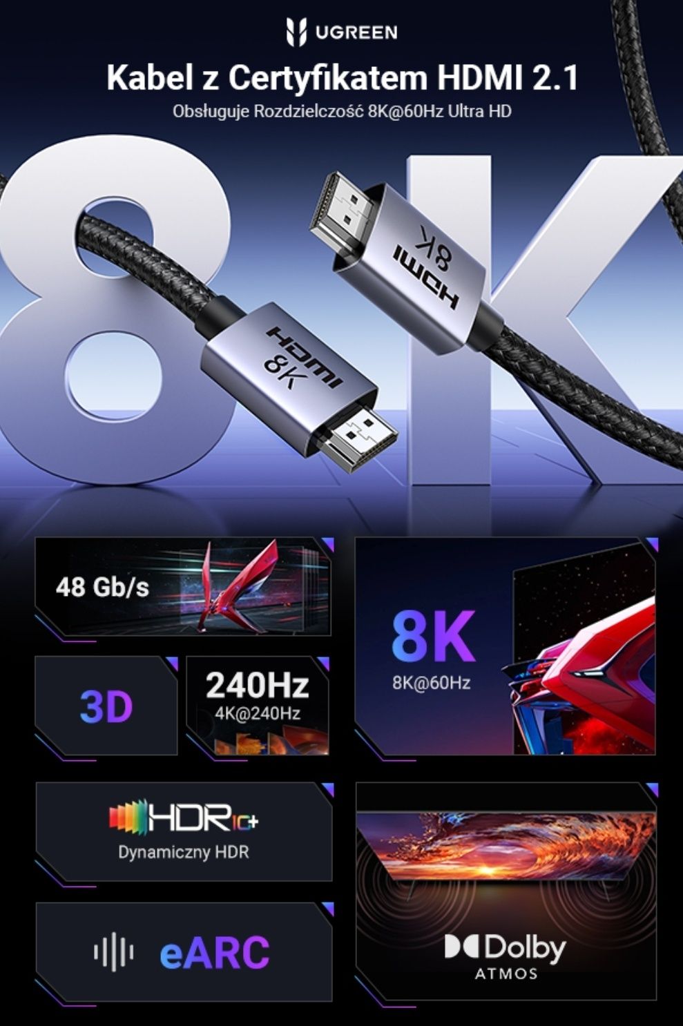 Certyfikowany Kabel hdmi 2.1 Ugreen 8K 60Hz 4K 240Hz 144Hz 120Hz 2m