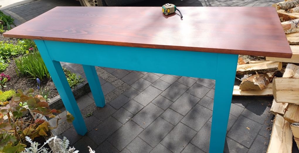 Konsolka, toaletka turkusowa drewniana odnowiona DIY