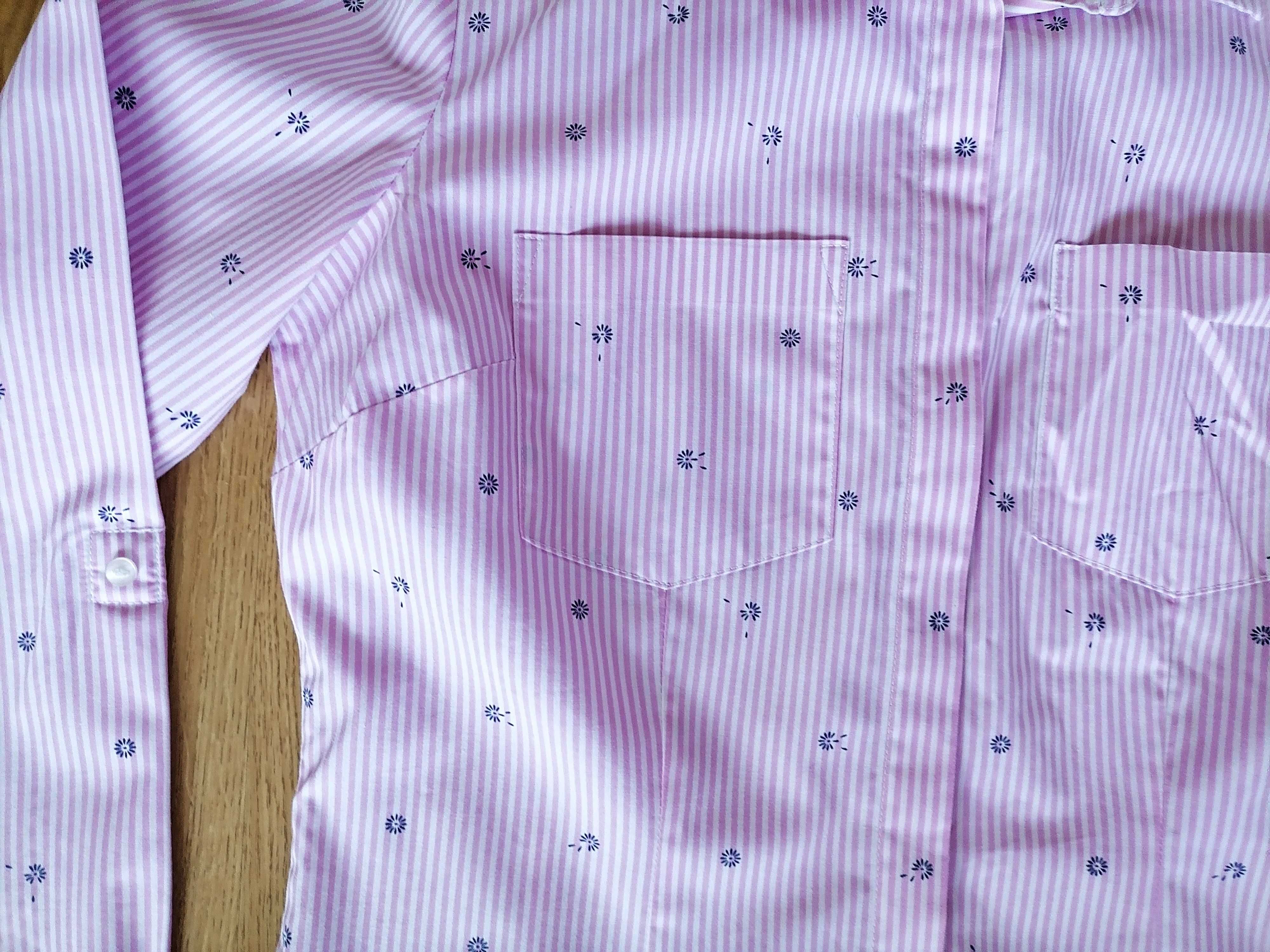 Elegancka bluzka koszulowa w delikatne różowe paseczki, roz. 164