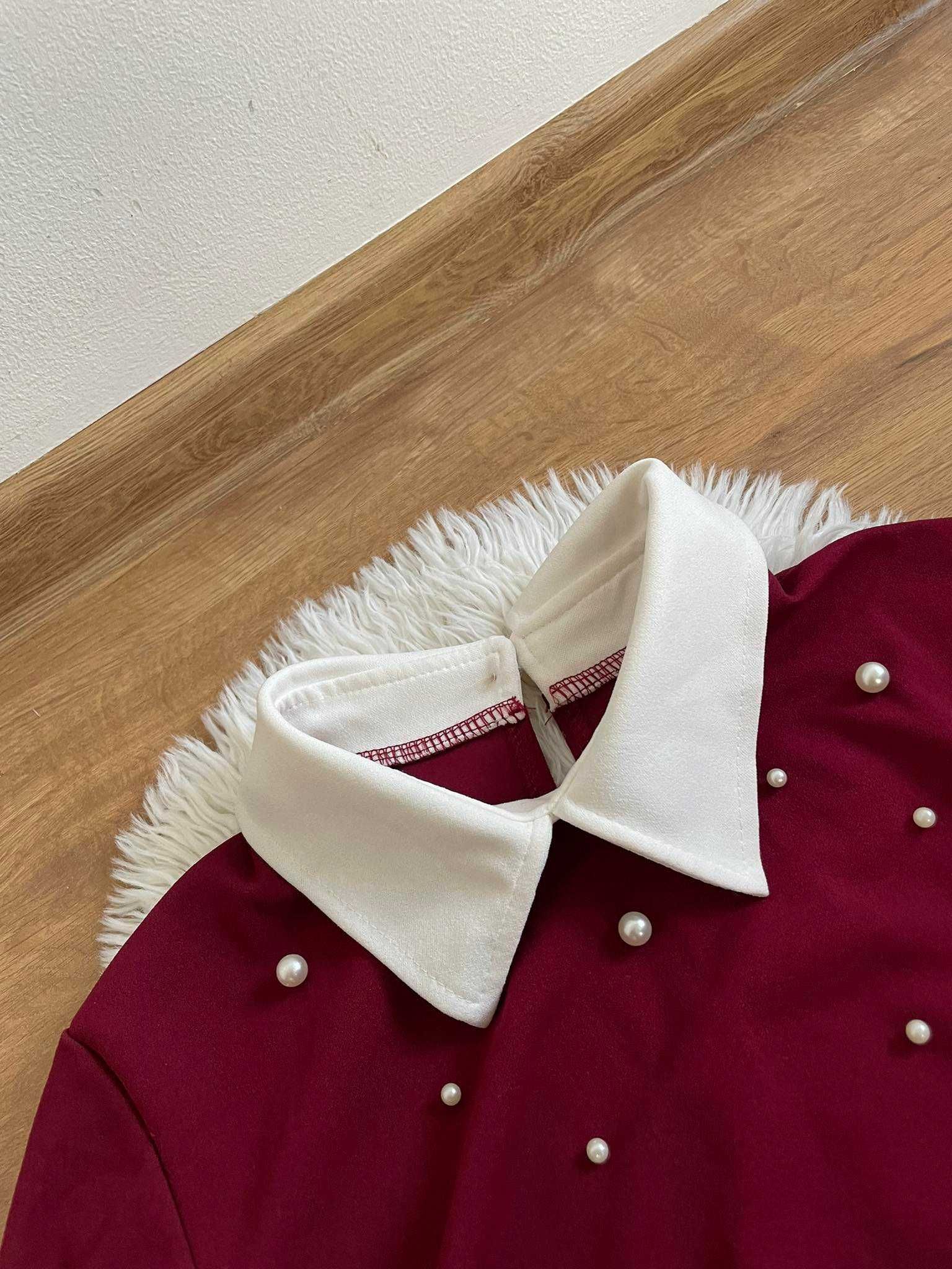 Bordowa bluzka perełki kołnierz s m świąteczna elegancka