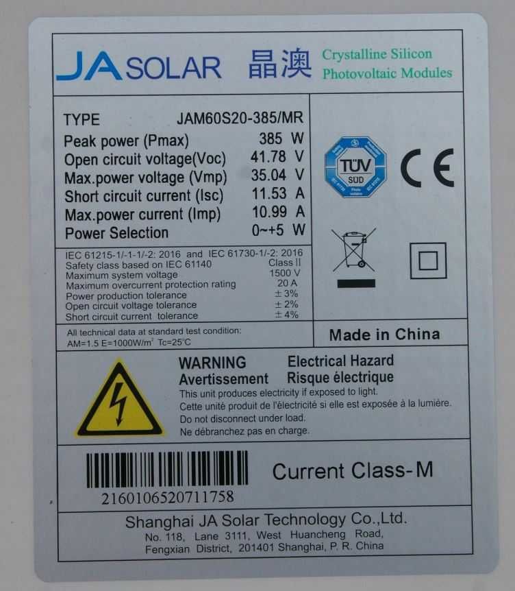 Moduł fotowoltaiczny 385 W panel słoneczny JA SOLAR JAM60S20 - 31szt