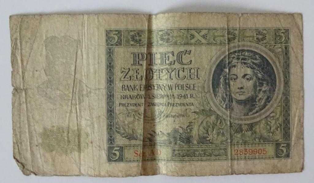 Banknot 5 zł Bank Emisyjny W Polsce Kraków 1 Sierpnia 1941 Seria AD