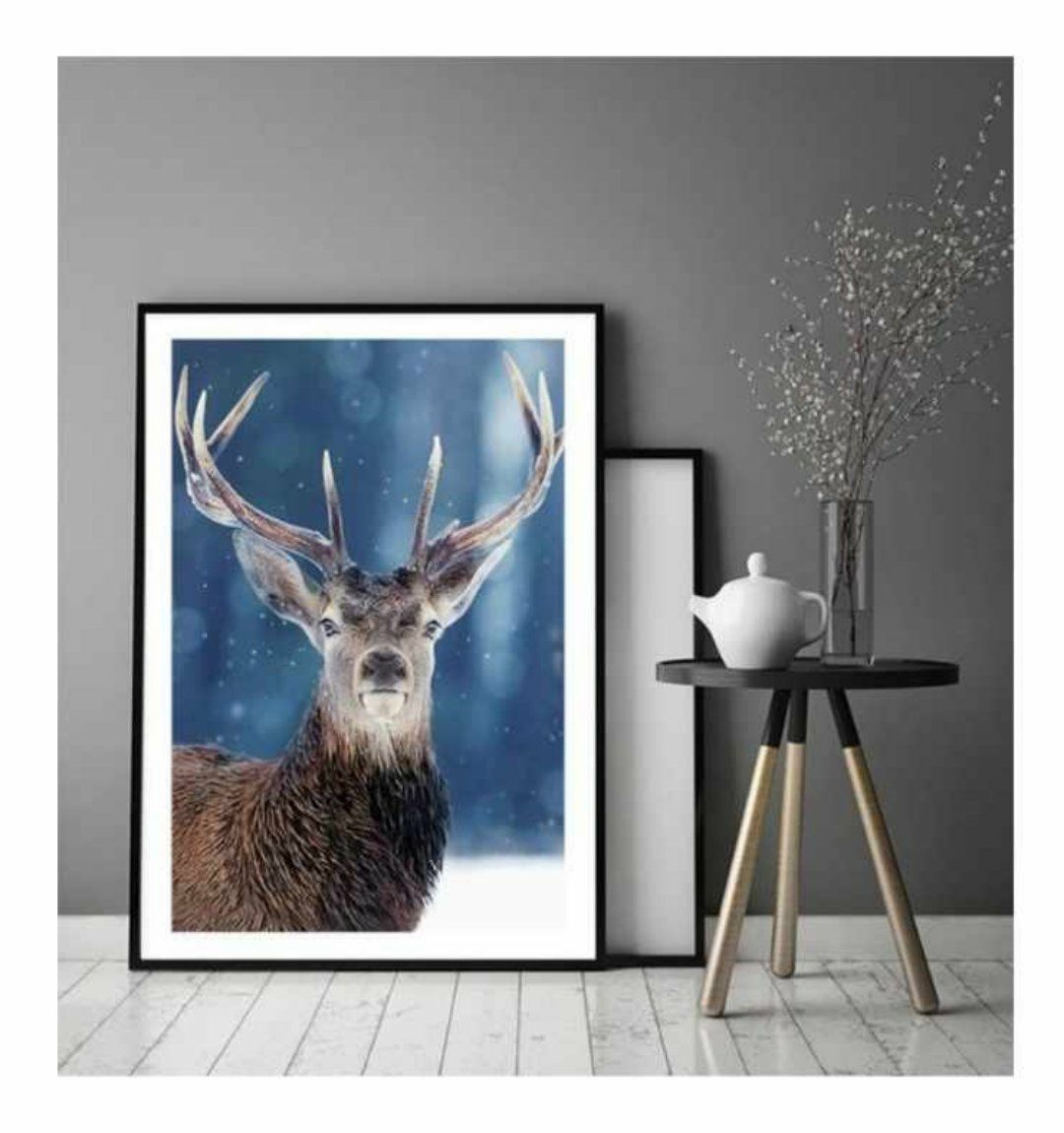 Plakat świąteczny 40x50 jeleń renifer zima las NOWY