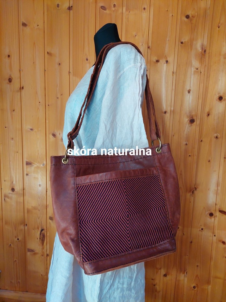 Torba skórzana vintage camel shopper duża