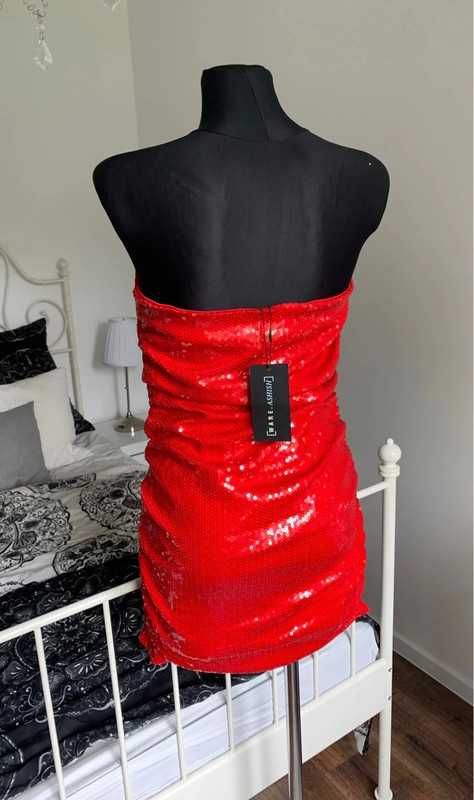 Czerwona marszczona cekinowa sukienka sequin red bandeau 40 L 38 M