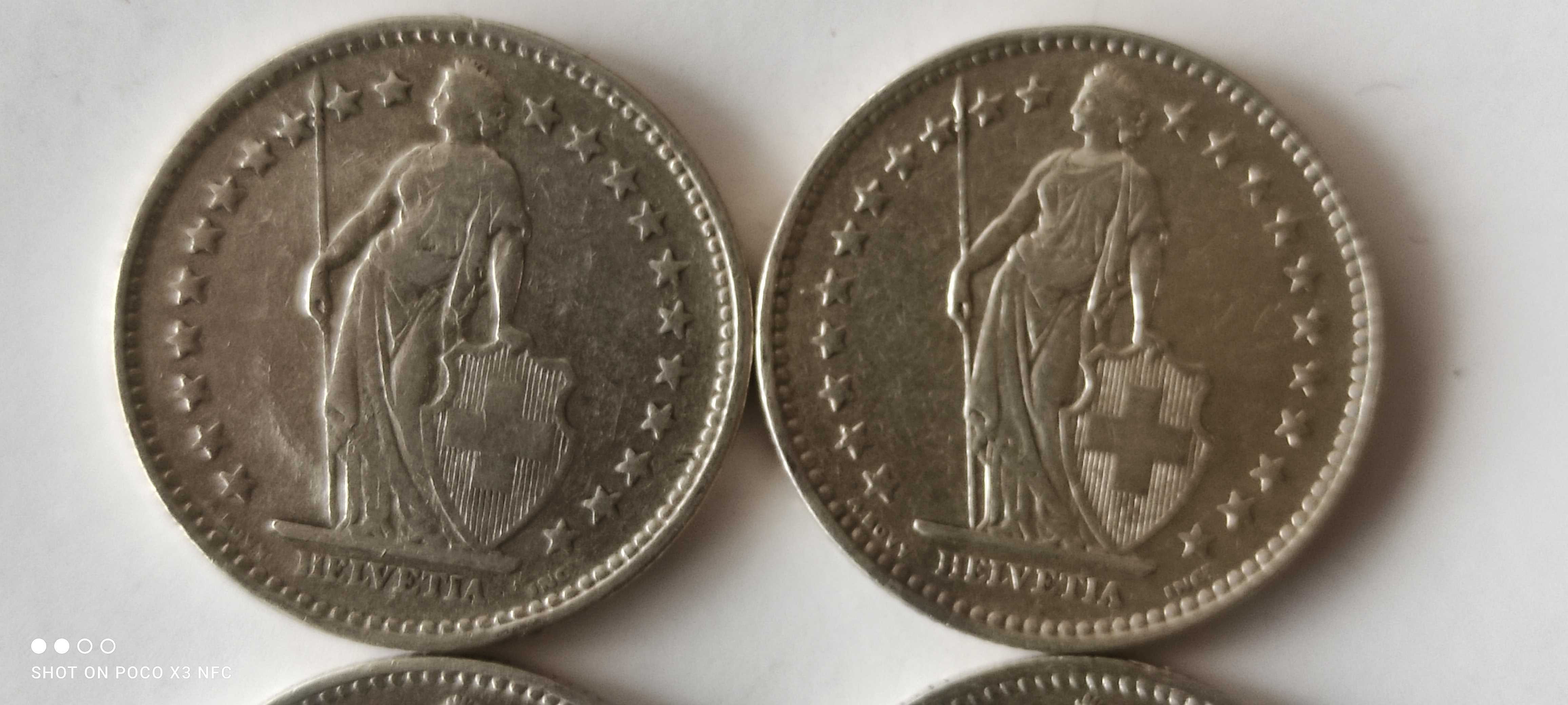 Monety srebrne zestaw 4 sztuk Szwajcaria 2 franki ładne srebro Ag