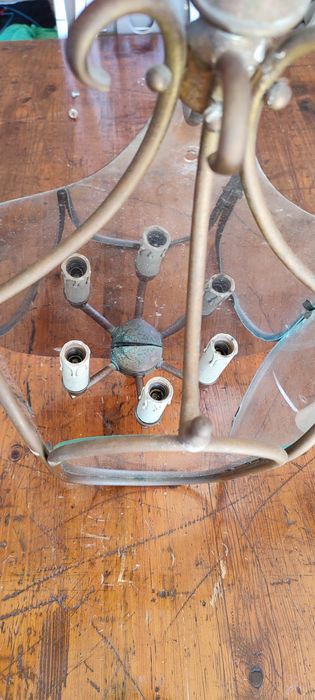 Lustre candeeiro antigo em latão e vidro
