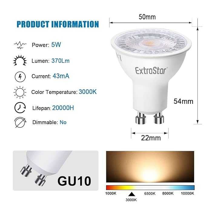 Żarówka EXTRASTAR 5W LED GU10, ciepła biel 3000K, odpow. halogenu 50W