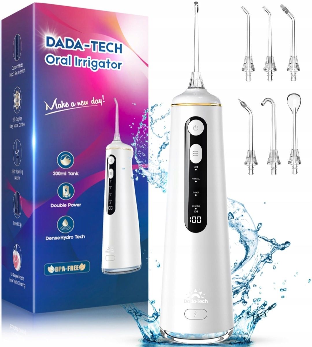 DADA-TECH Irygator Do Zębów Bezprzewodowy 4 Tryby 7 Końcówek 300ml