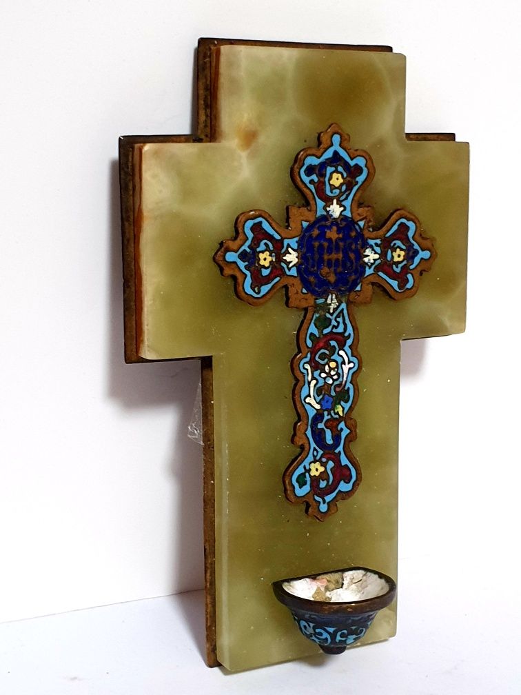 Antigo Crucifixo de Água Benta em mármore e cloisonné