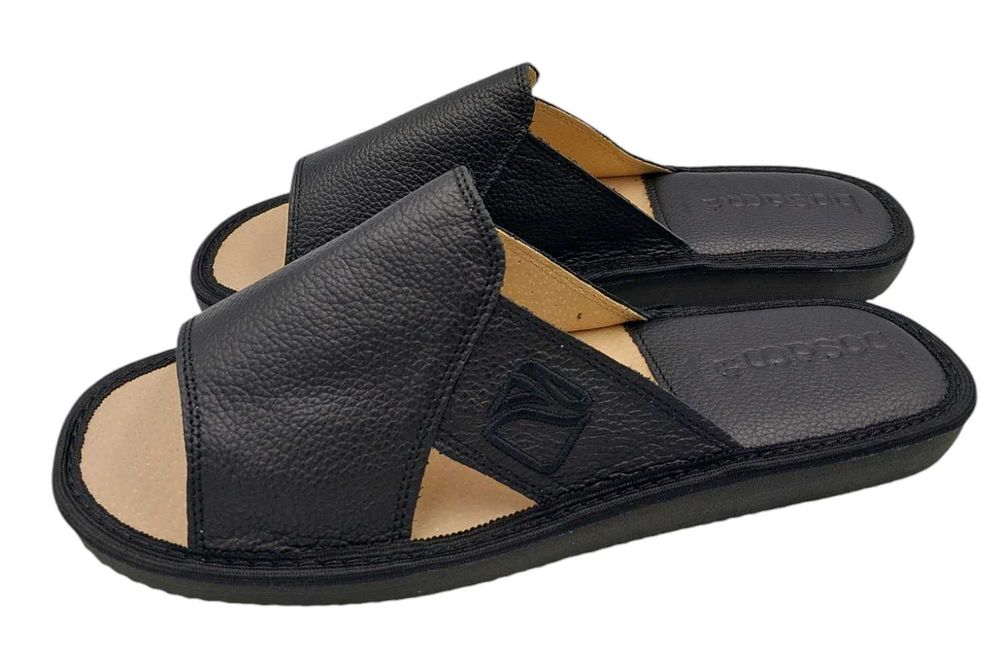 Pantofle Męskie Skórzane odkryte Palce szerokie czarne Bosaco