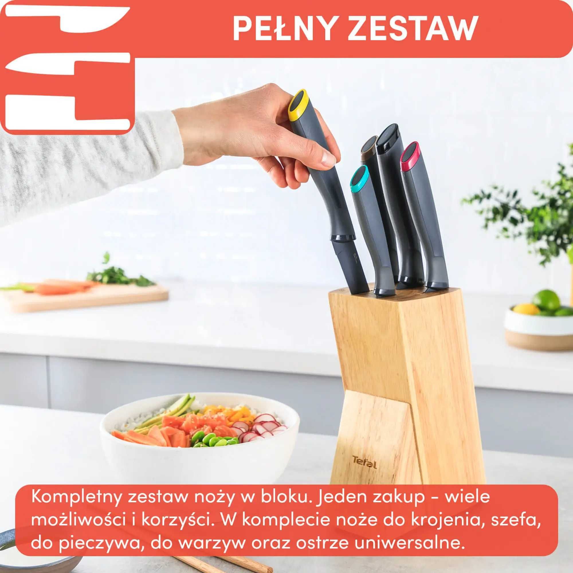 Zestaw 5 noży ze stali nierdzewnej TEFAL FRESH KITCHEN+drewniany blok.