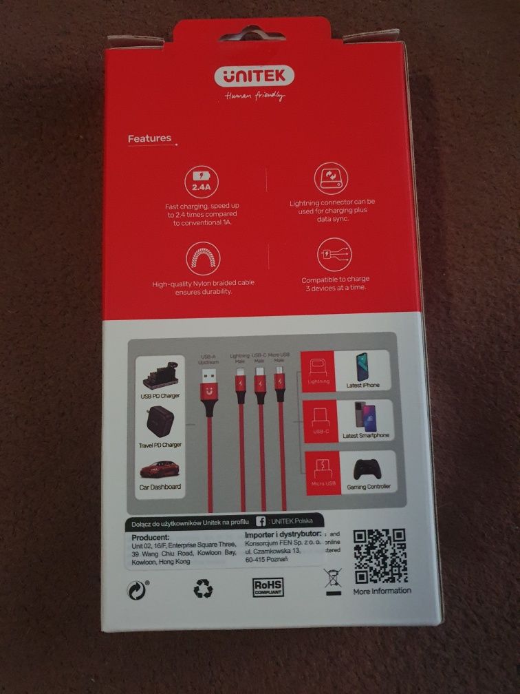 Kabel USB 3w1 Lightning, micro USB, USB-C 1,2m