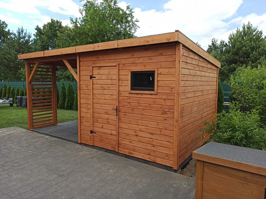 Domek narzędziowy ogrodowy drewniany z altaną "Mediolan" 6x3