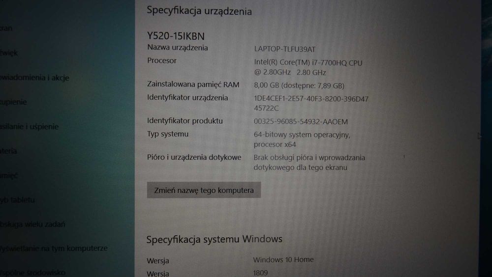 LENOVO Y520 i7 7700HQ 8GB ram GTX1050 | SSD 240GB + HDD 1TB pudełko FV