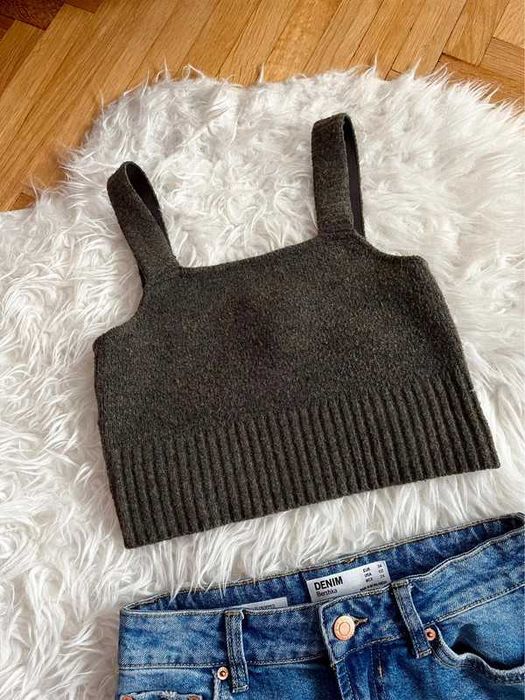 Szary crop top H&M XS 34 z domieszką wełny sweterkowy