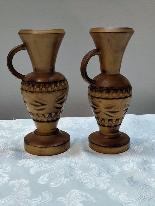 Para Wazoników Drewnianych Rękodzieło Folk Rzeźbione 15,5 cm PRL Vinta