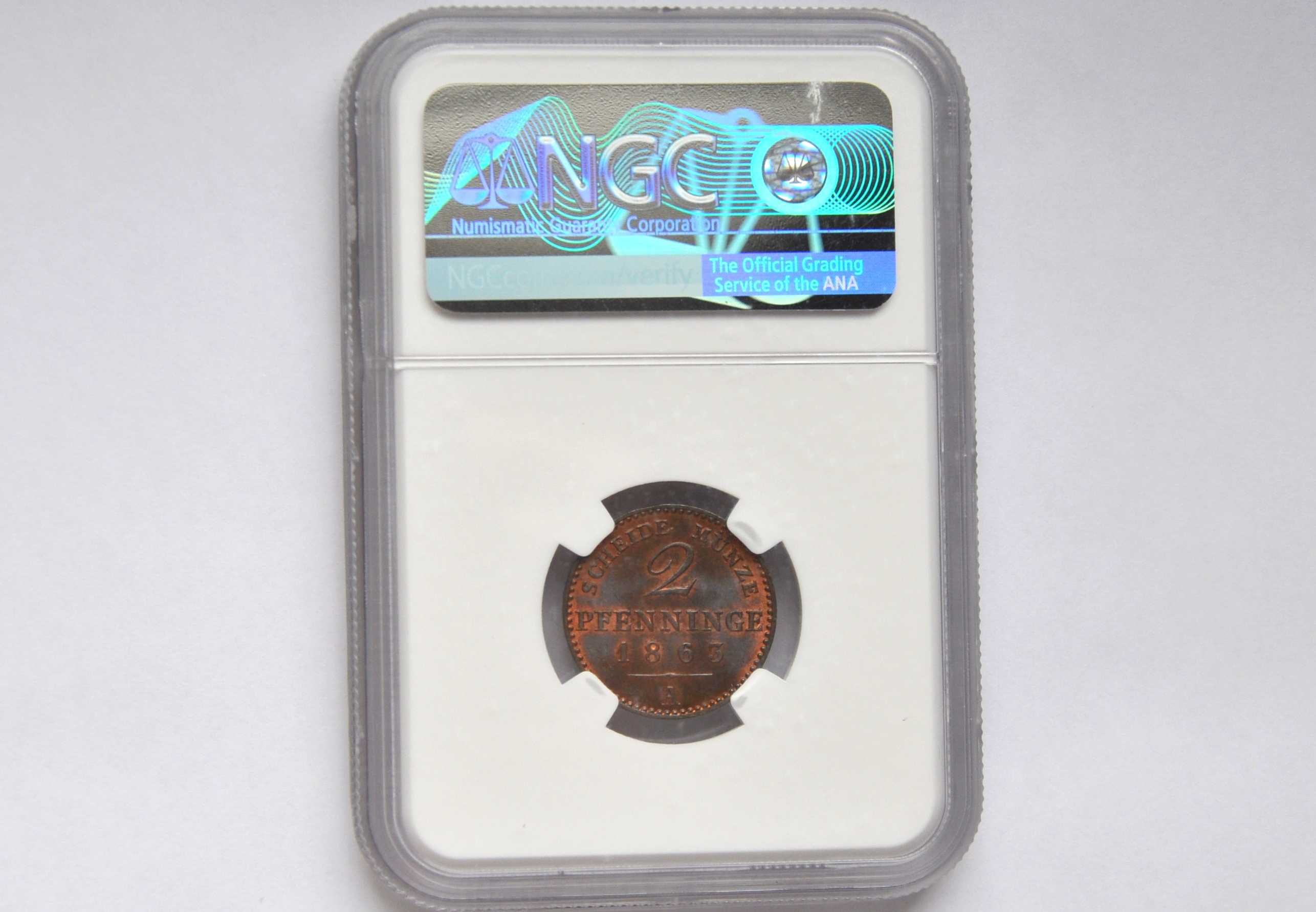 Niemcy, Wilhelm I, 2 fenigi 1863 A, Berlin. NGC MS 67 RB.Top Pop !!!