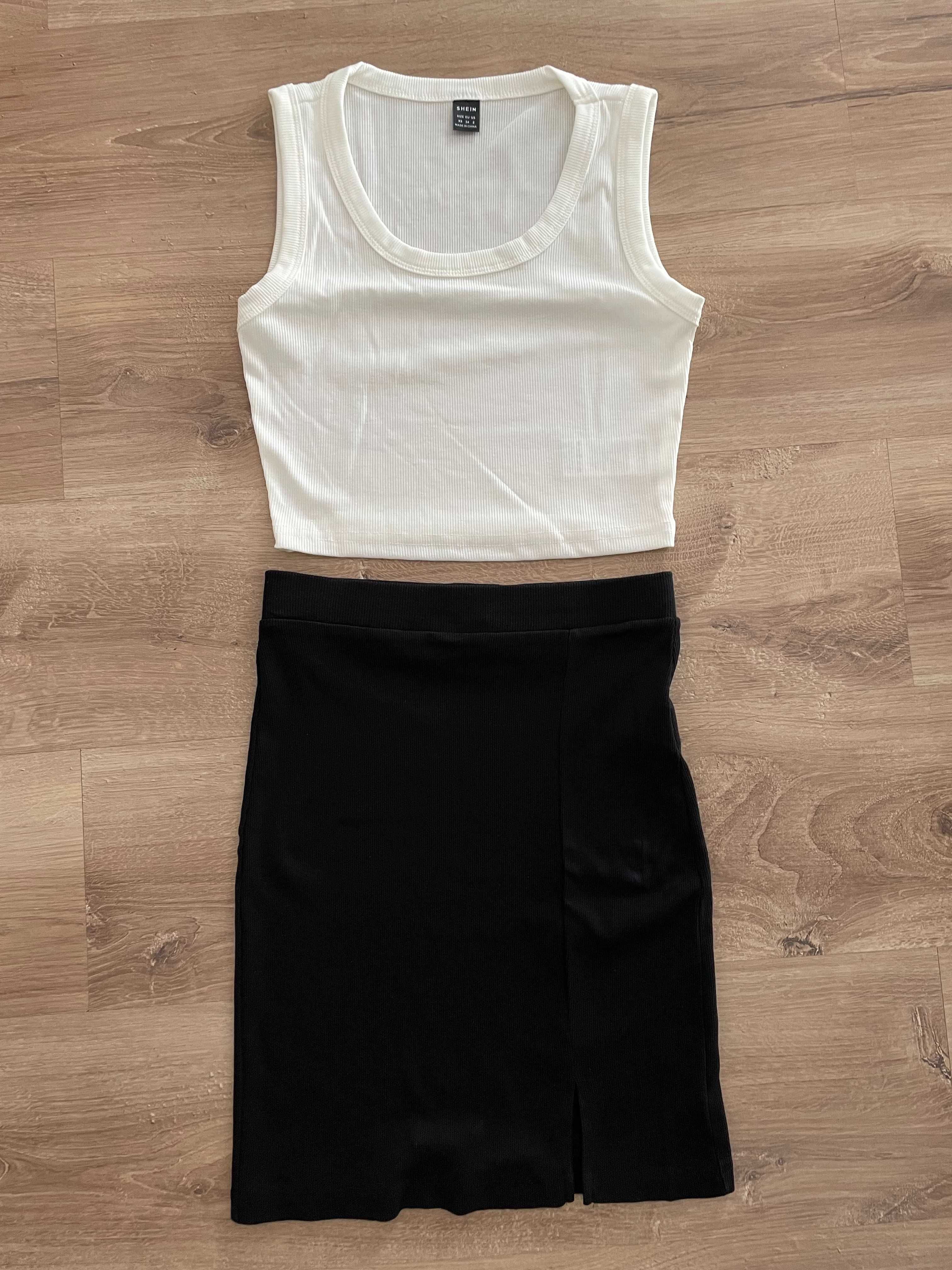 Czarna prążkowana spódnica spódniczka z rozcięciem biały crop top XS
